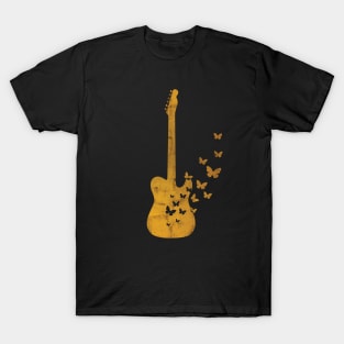 T-Style Electric Guitar Silhouette Turning Into Butterflies Gold T-Shirt